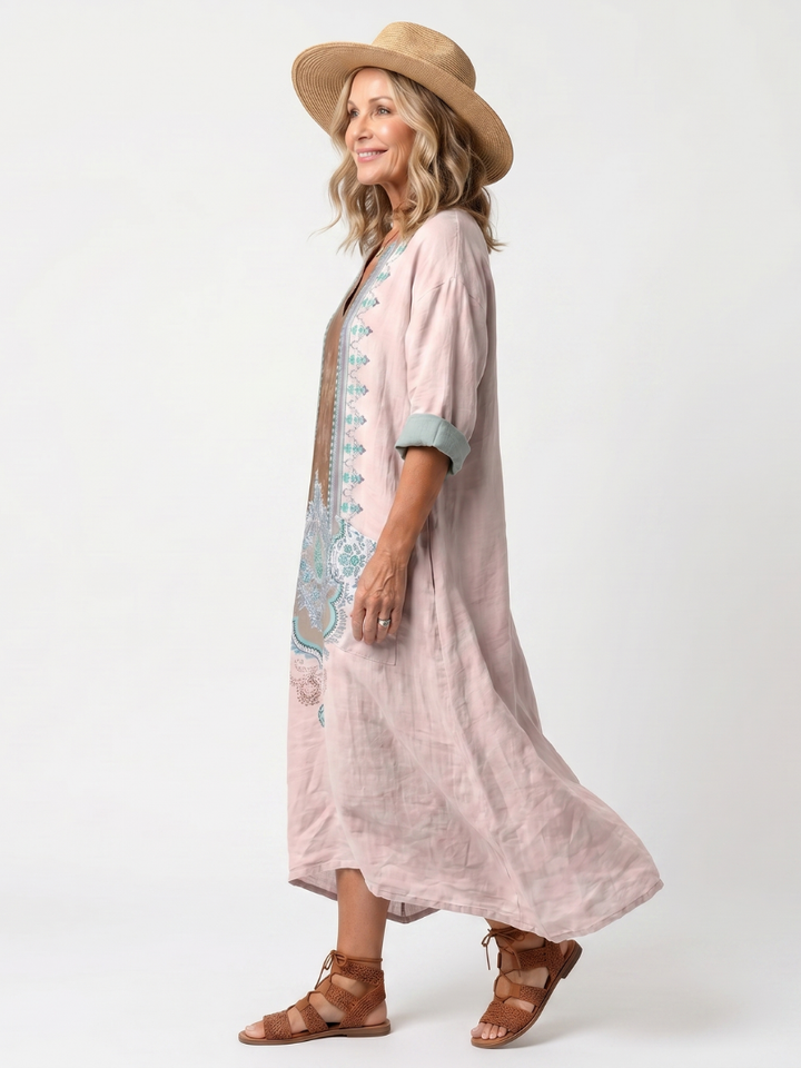Kenzira | Relaxed Embroidered Panel Midi Dress with Pockets