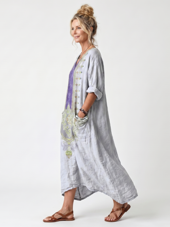 Raina | Oversize Midi Robe with Contrasting Embroidered Panel and Pockets