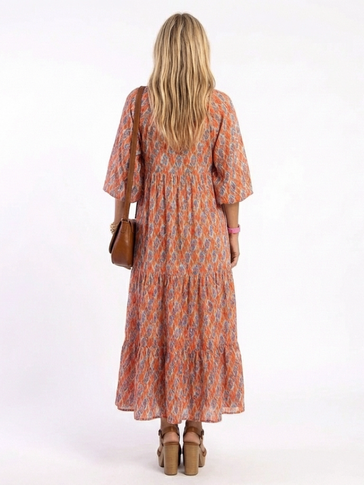 Amaroa | V-Neck Ruffled Geometric Print Midi Dress