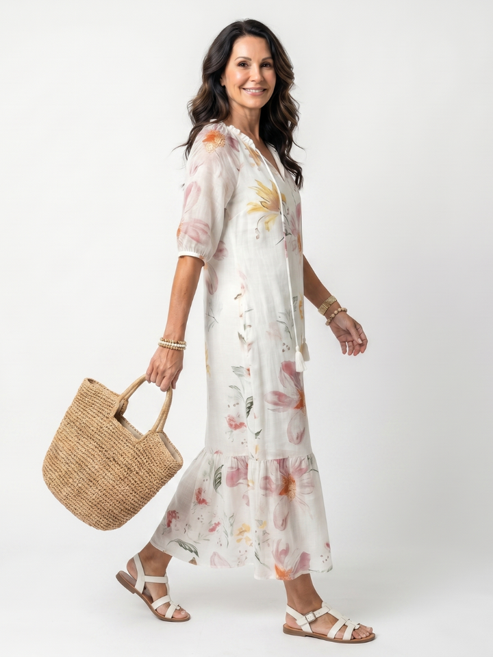 Norae | Ruffled and Tasseled Floral Midi Robe