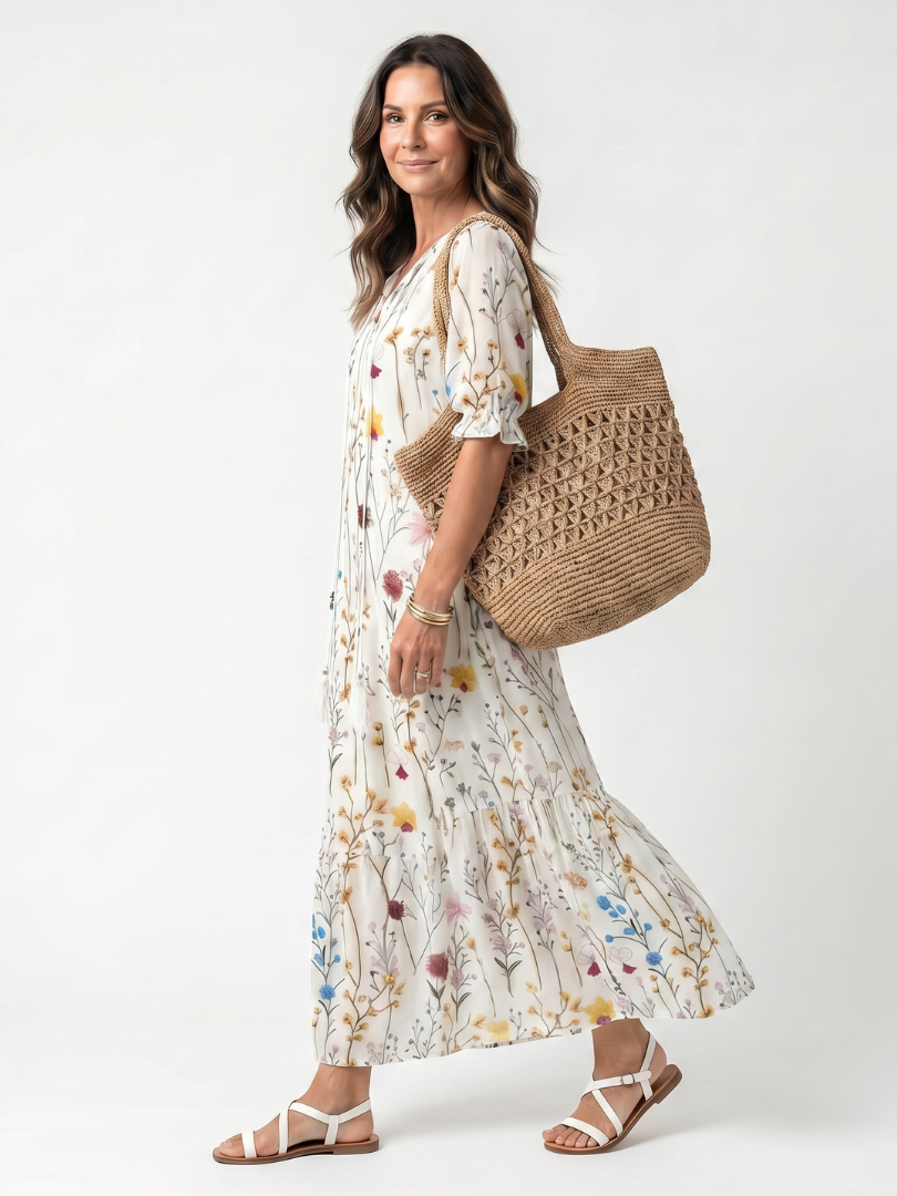 Sylviene | Botanical Print Pom-Pom Midi Dress