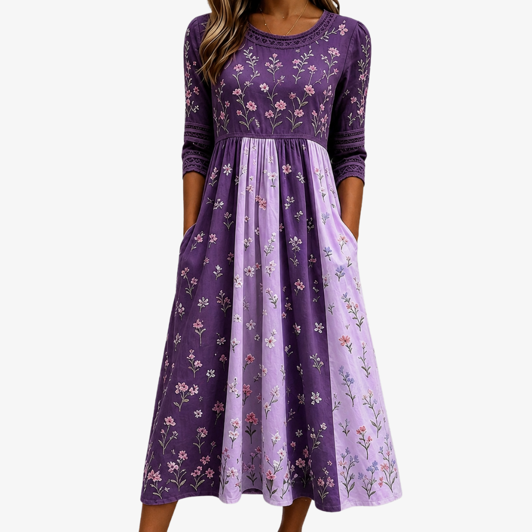 Lavenda | Lavender Wildflower Floral Paneled Midi Dress