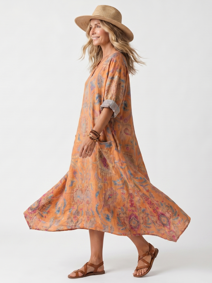 Remina | Printed Oversized Midi Robe with Notched Neckline and Pockets