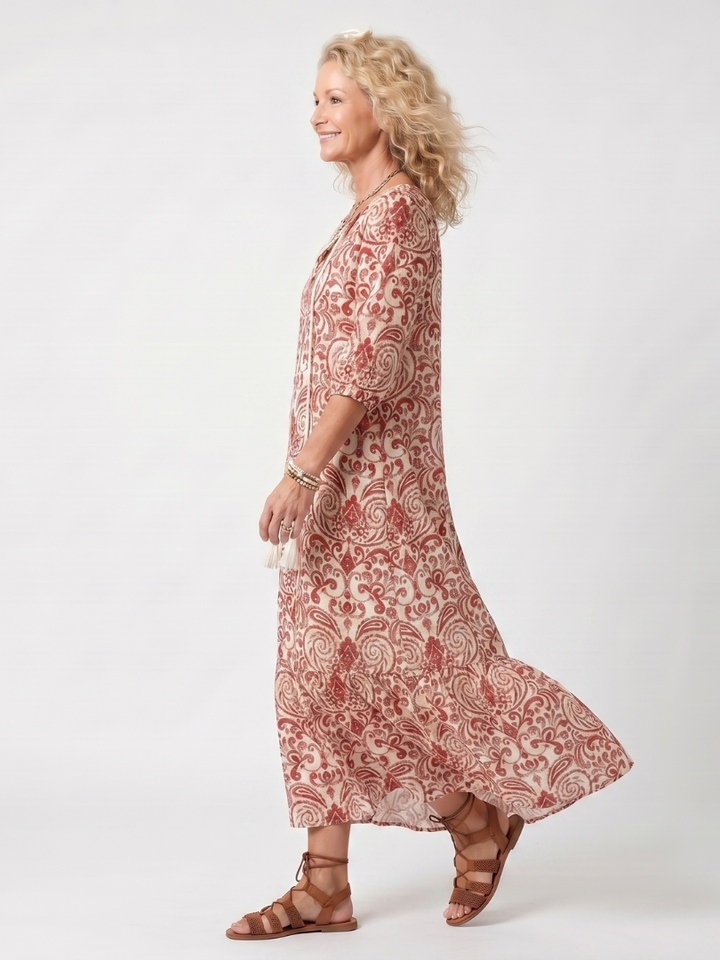Noelle | Midi Dress with Ornamental Print and Pom-poms