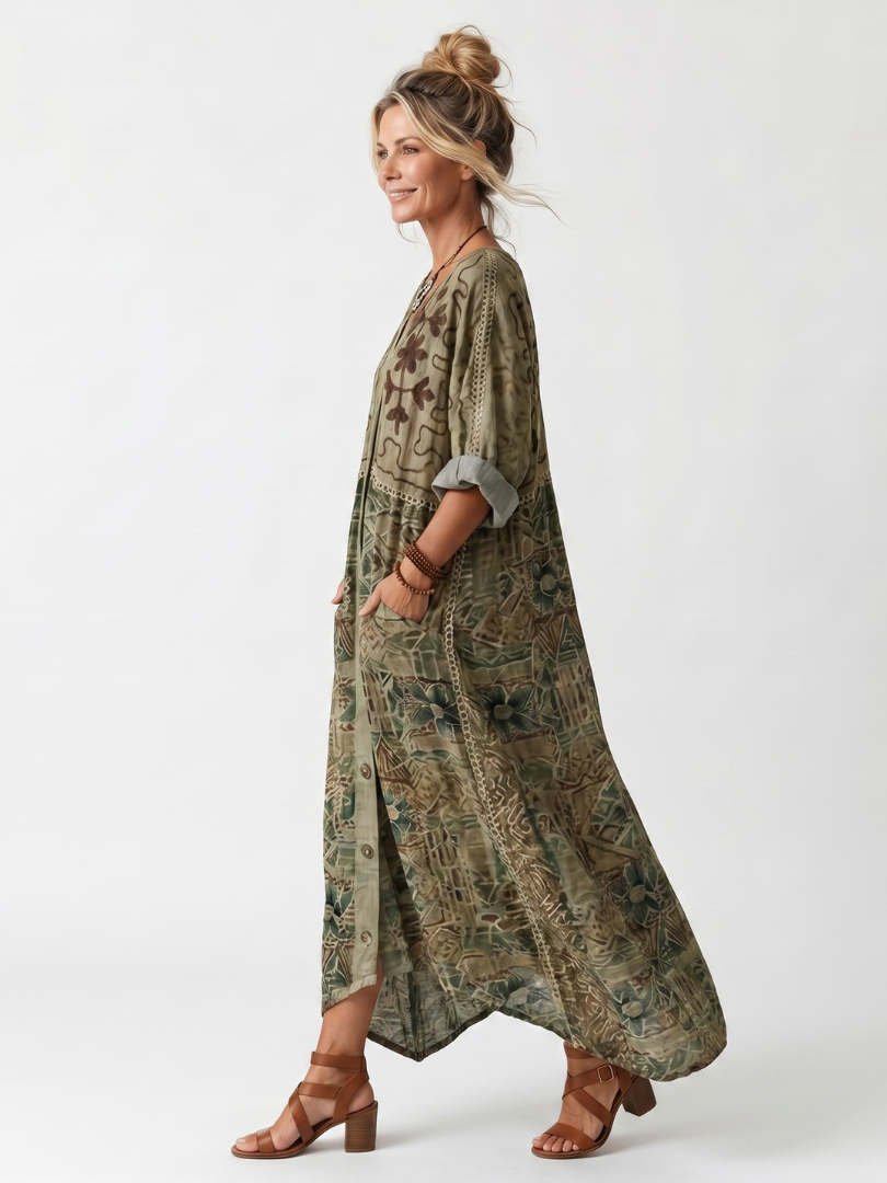 Aletea | Oversized Embroidered Button-Down Midi Dress with Pockets