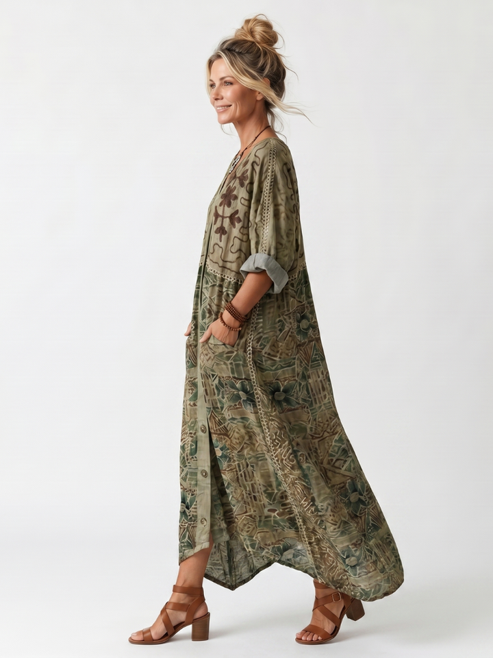 Aletea | Oversized Embroidered Button-Down Midi Dress with Pockets