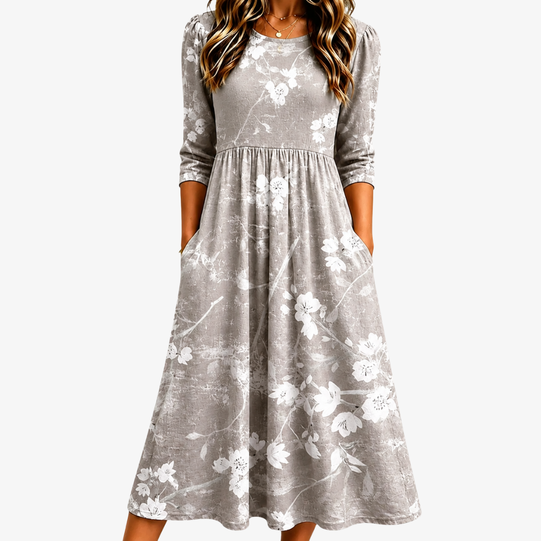 Perlita | Silver-Grey Floral Grace Midi Dress with Pockets