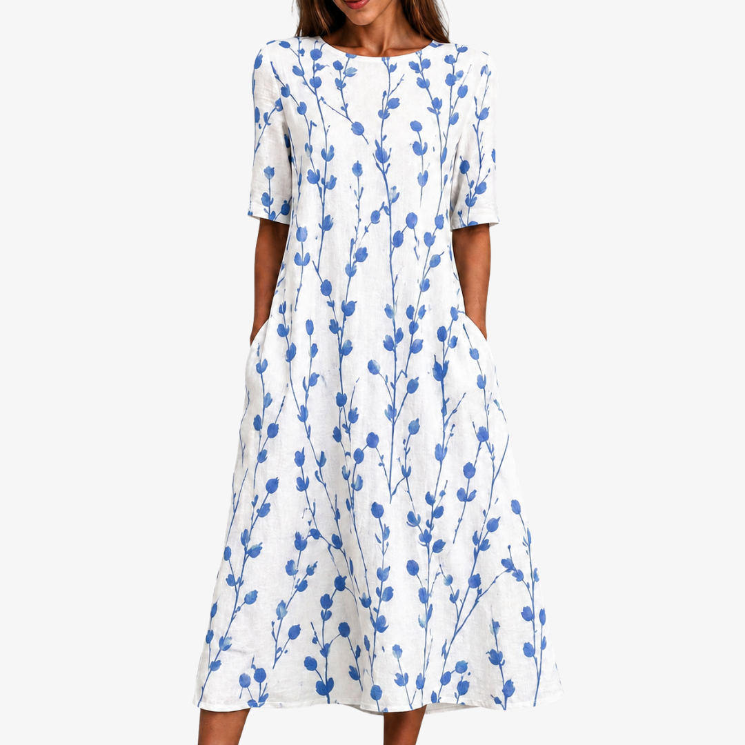 Ciel | Robe midi bleu prairie souffle fleuri à poches