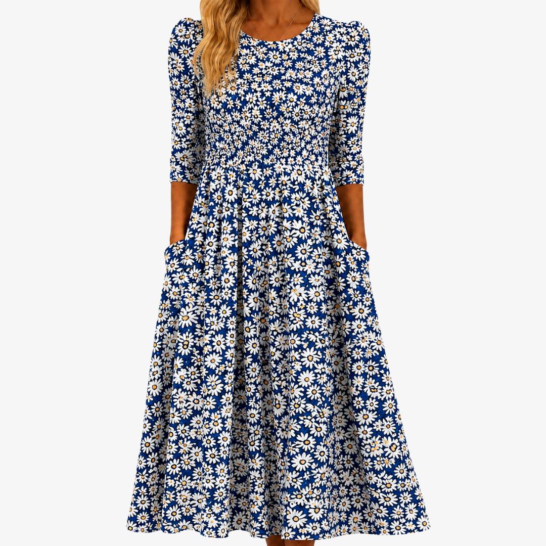 Margaritta | Blue Daisy Garden Maxi Dress with Pockets