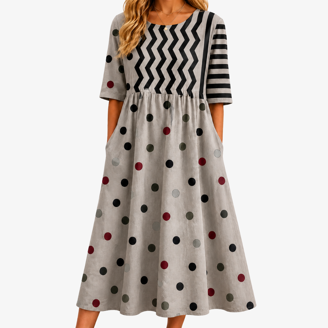 Mosaico | Modern Mixed Print Midi Dress with Pockets