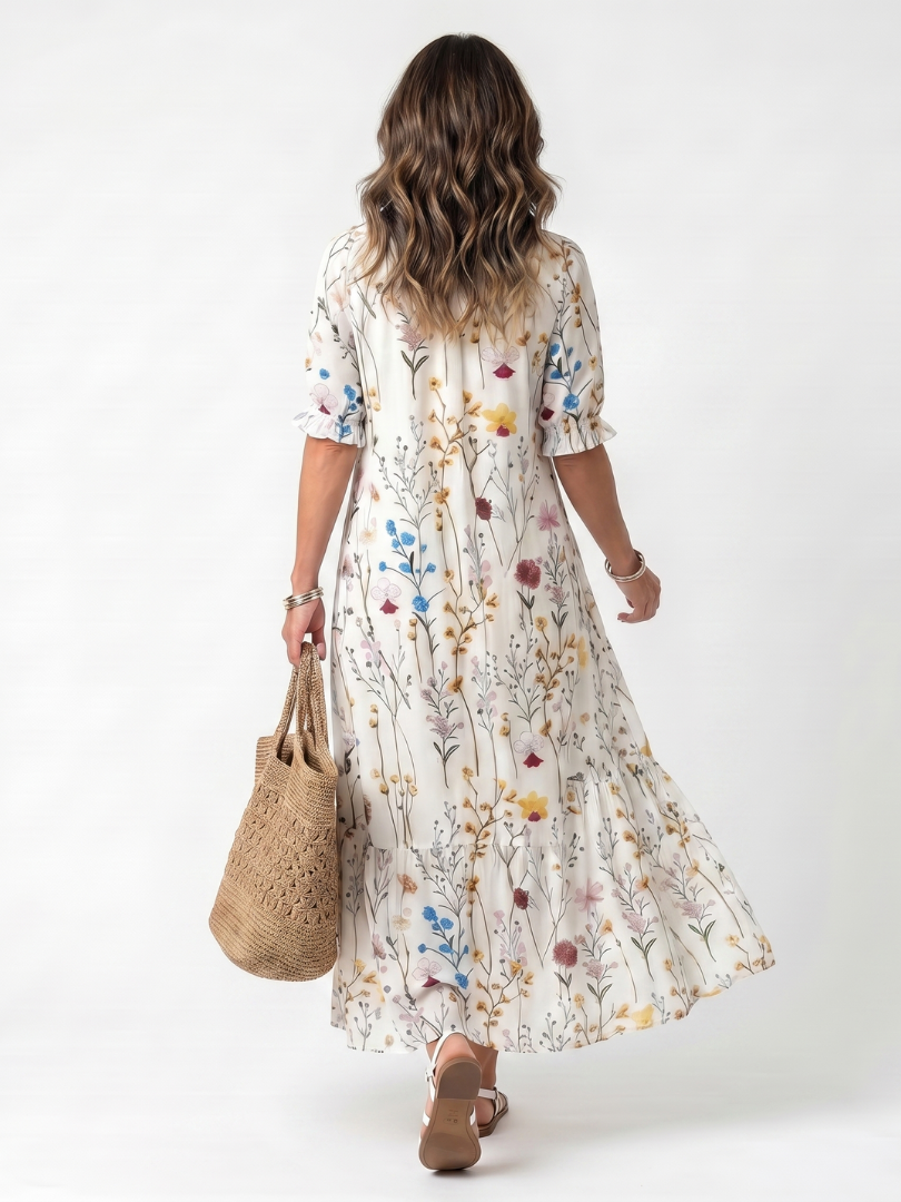Sylviene | Botanical Print Pom-Pom Midi Dress