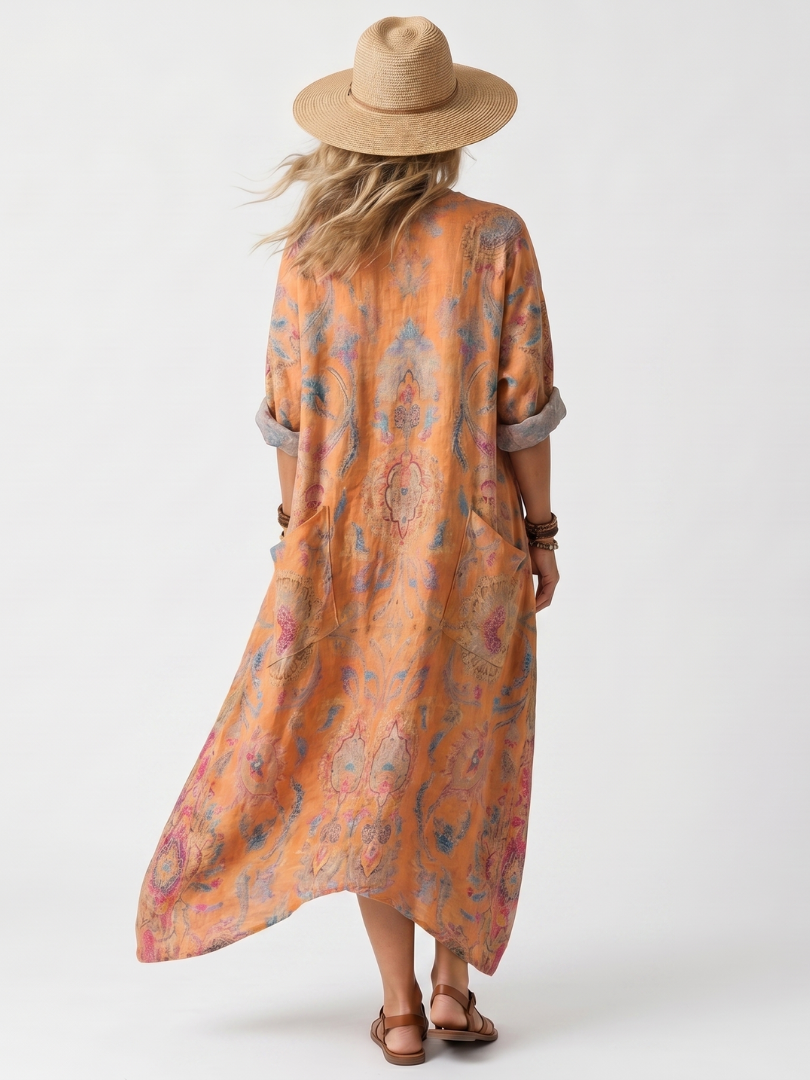 Remina | Printed Oversized Midi Robe with Notched Neckline and Pockets