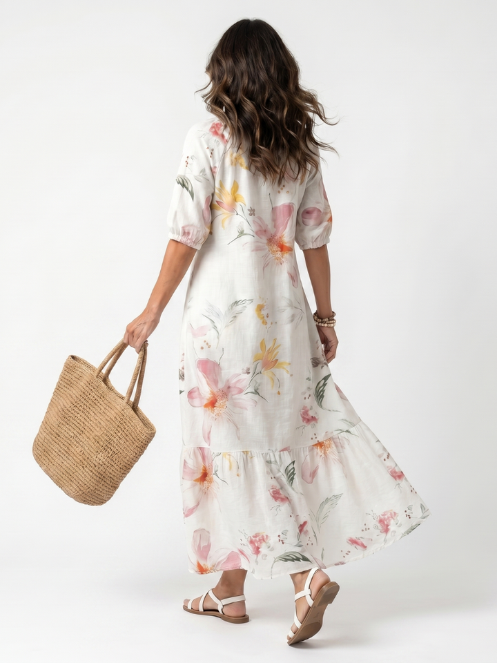 Norae | Ruffled and Tasseled Floral Midi Robe