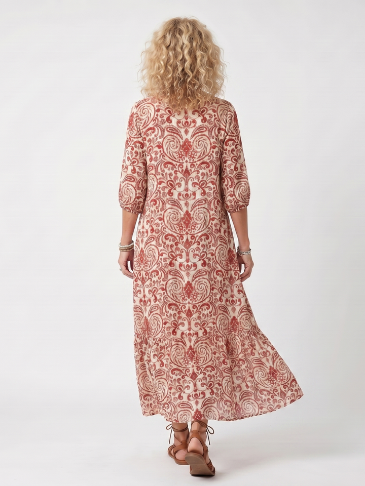 Noelle | Midi Dress with Ornamental Print and Pom-poms
