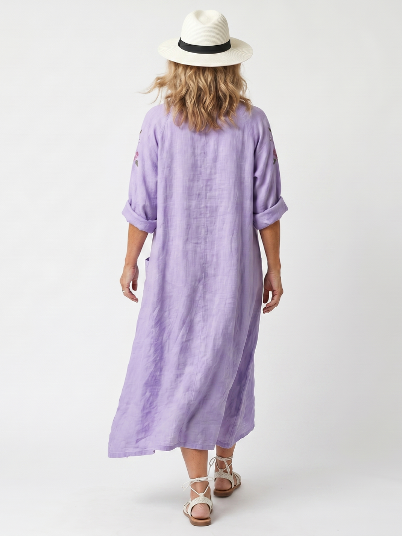 Tavi | Oversized Floral Embroidered Midi Robe with Pockets