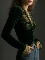 Aitana | Velvet blouse with embroidered flowers