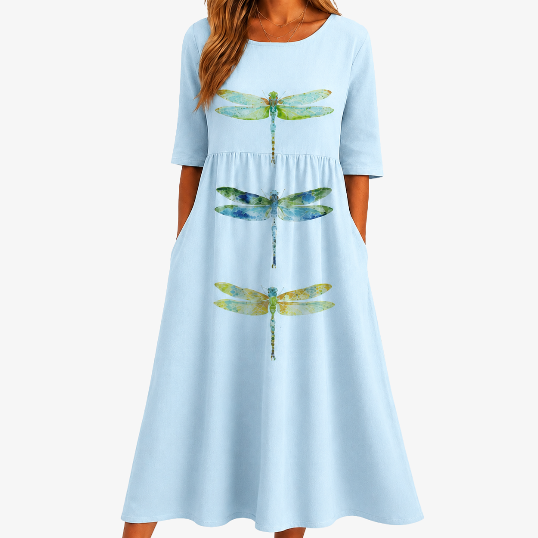 Libellule | Robe midi de prairie libellule ciel avec poches