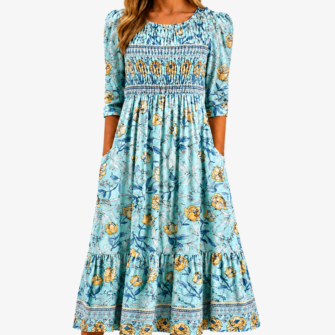 Mosai | Robe midi à volants dorée et à poches "Jardin"