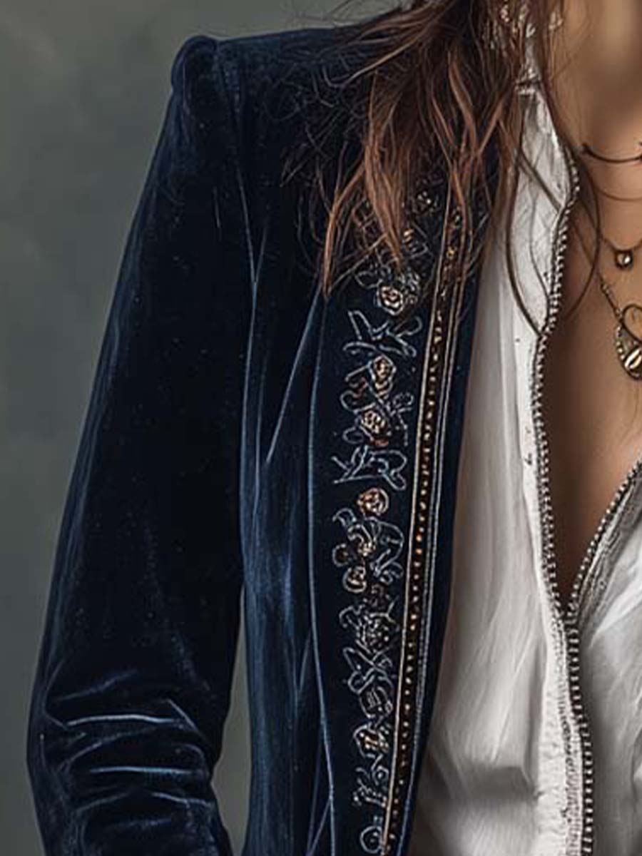 Marguerite | Navy Embroidered Longline Jacket