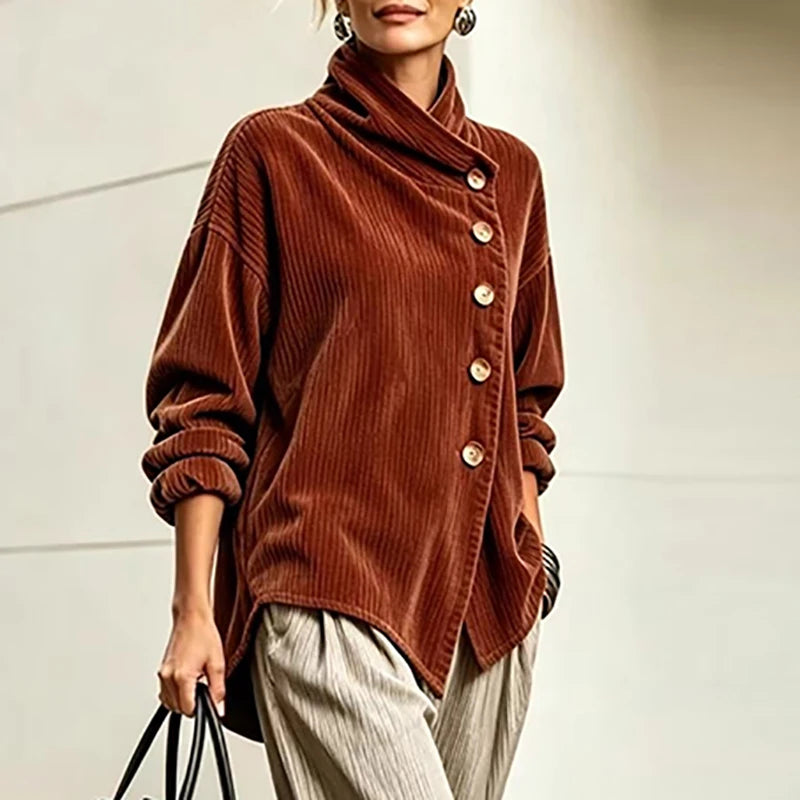 Ninah | Asymmetric Button Corduroy Turtleneck