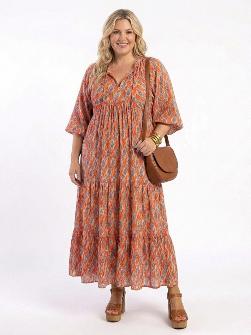 Amaroa | V-Neck Ruffled Geometric Print Midi Dress
