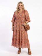 Amaroa | Geometric Print V-Neck Ruffle Midi Dress