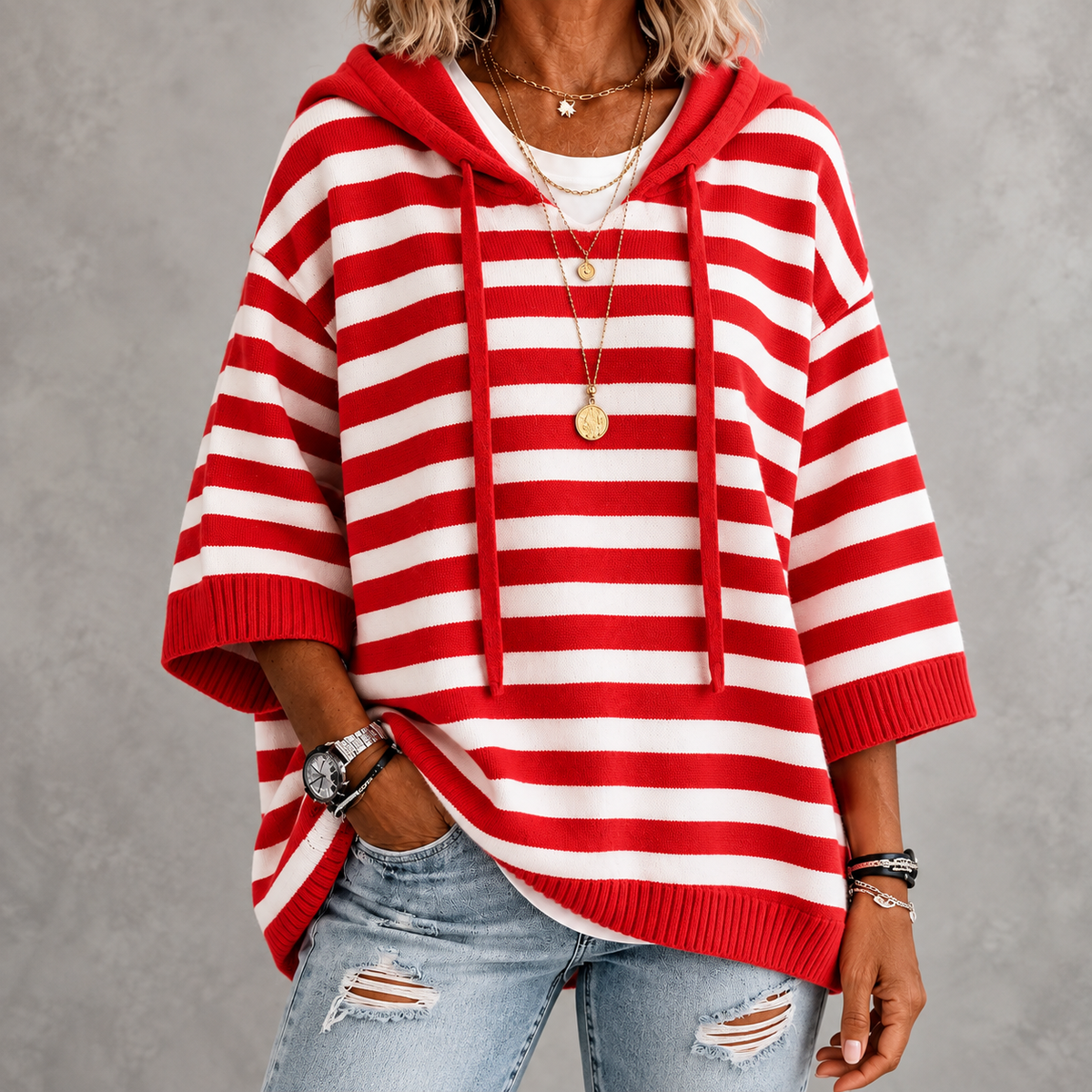 Charlotte | Red Striped Poncho Sweater
