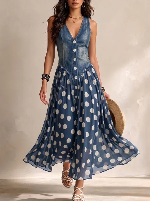 Solène | Robe en jean à jupe mousseline à pois