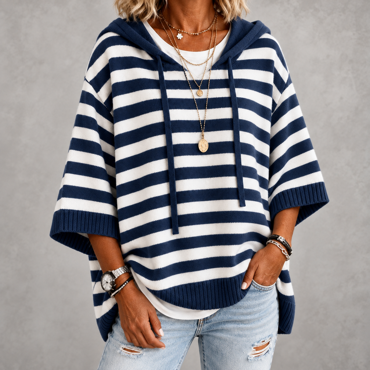 Marine | Navy Blue Striped Poncho Sweater