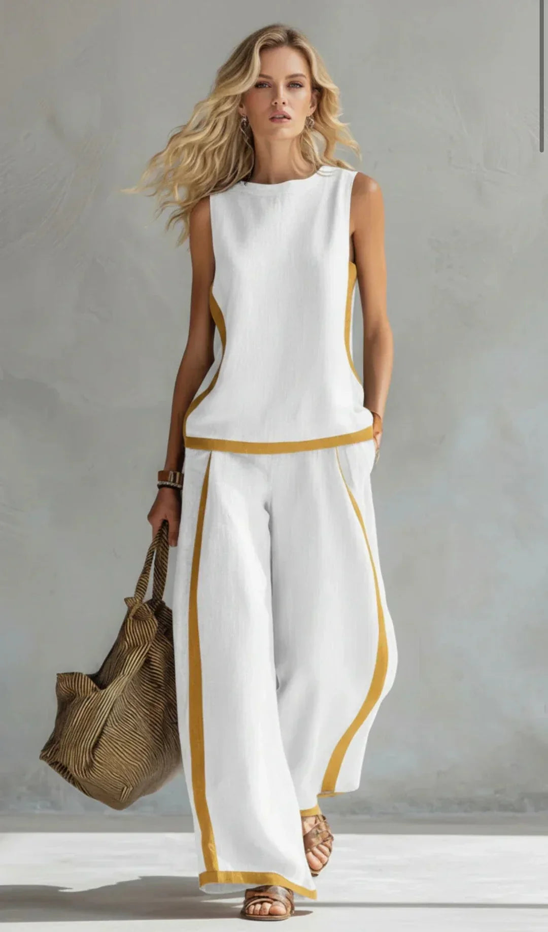 Ursula | Chic-casual vest and pants set with two-tone trim