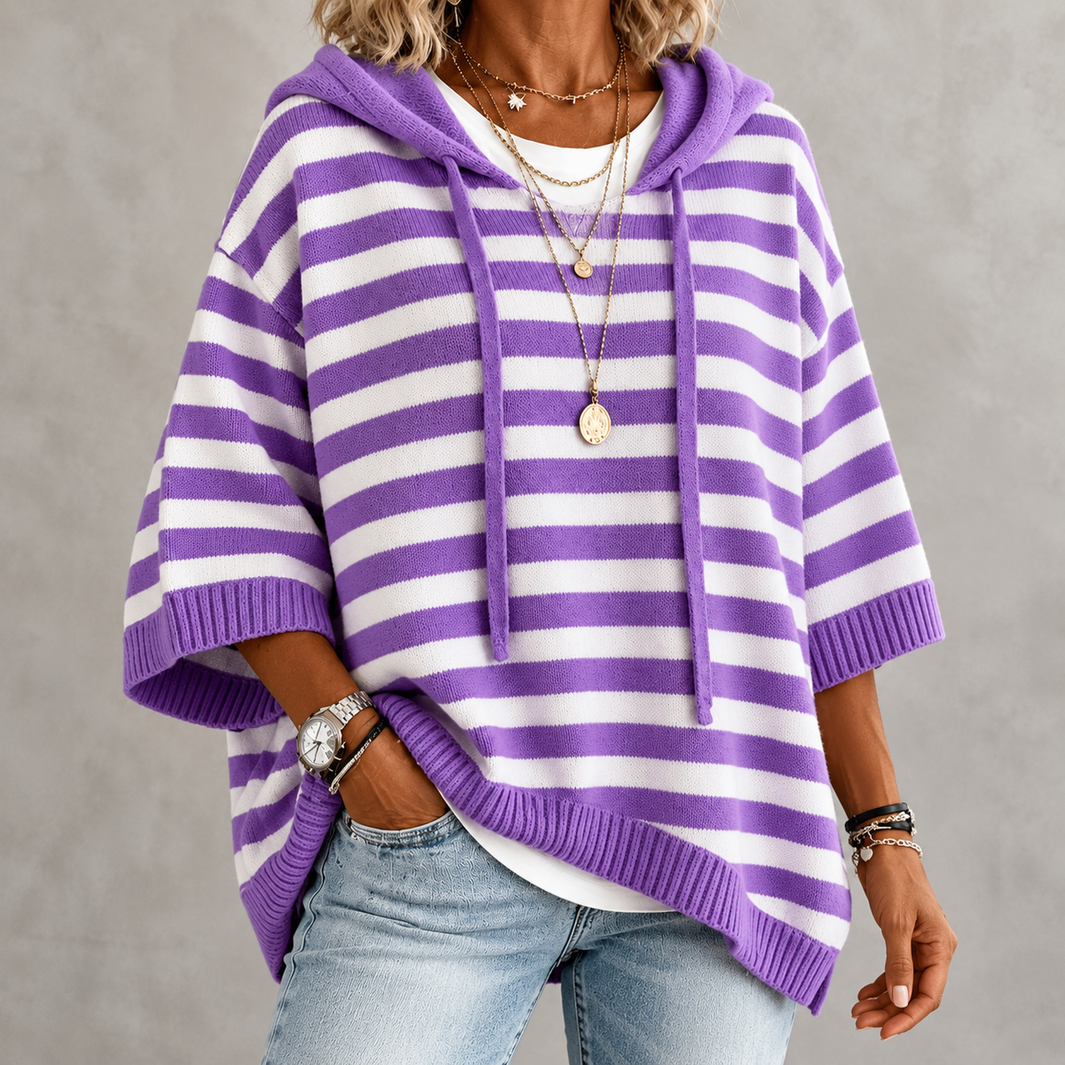 Anais | Purple Striped Poncho Sweater