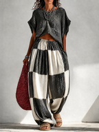 Hazel | Pleated Crop Top & Color-Block Wide-Leg Trouser Set