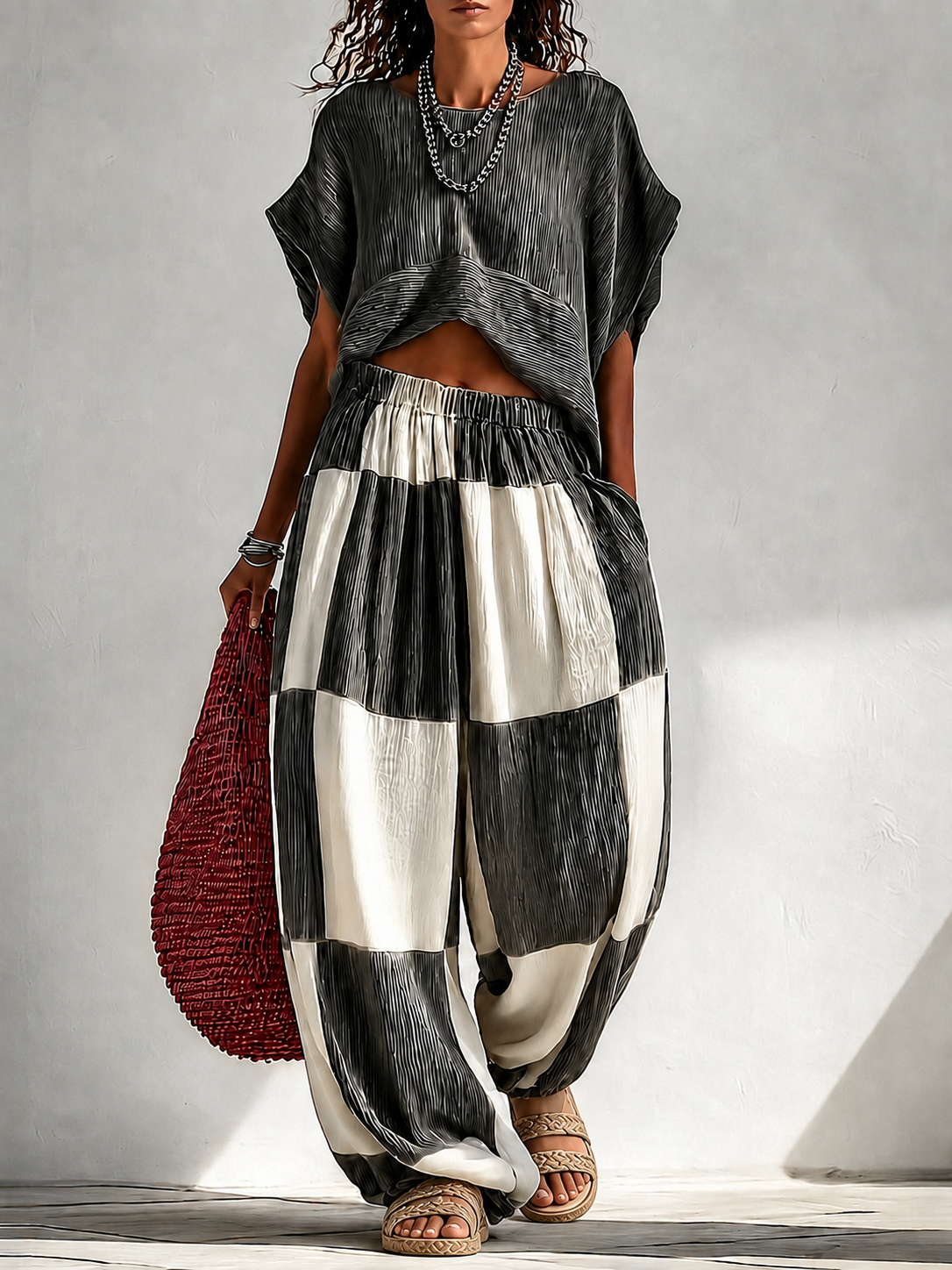 Hazel | Pleated Crop Top & Color-Block Wide-Leg Trouser Set