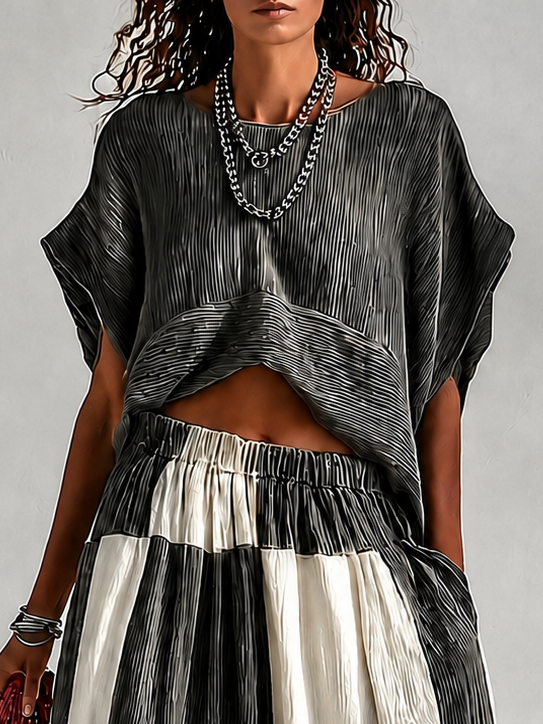 Hazel | Pleated Crop Top & Color-Block Wide-Leg Trouser Set