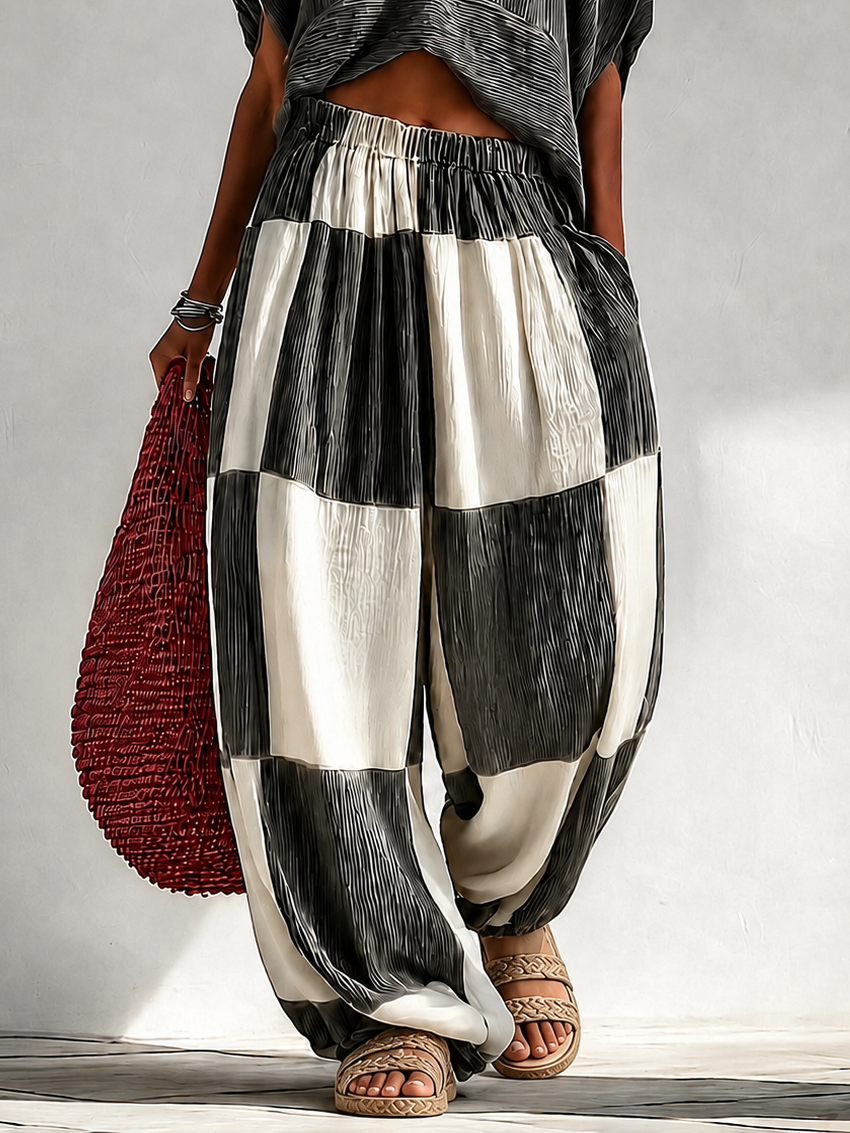 Hazel | Pleated Crop Top & Color-Block Wide-Leg Trouser Set