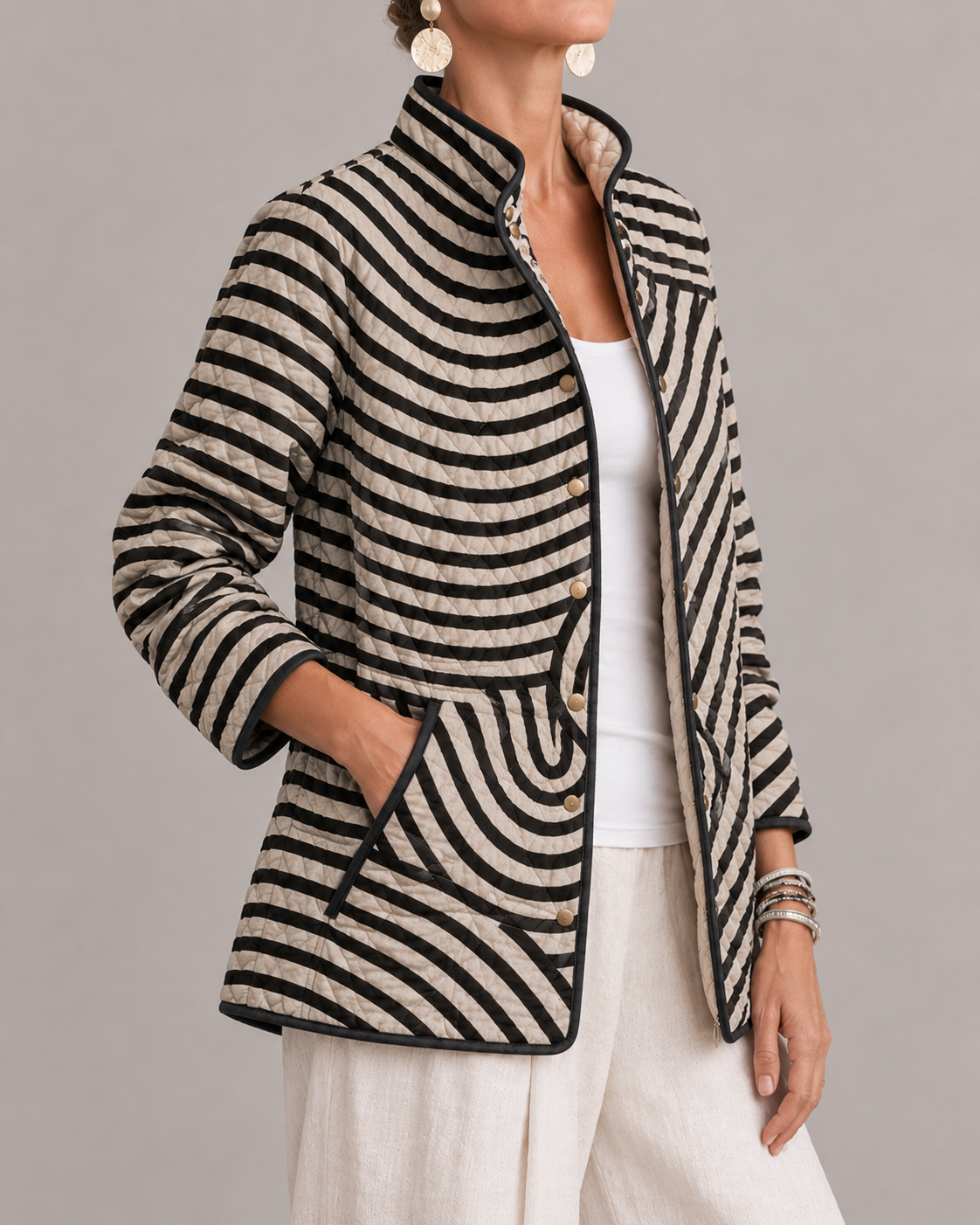 Inaya | Retro Hand-Drawn Circle Design Quilted Jacket