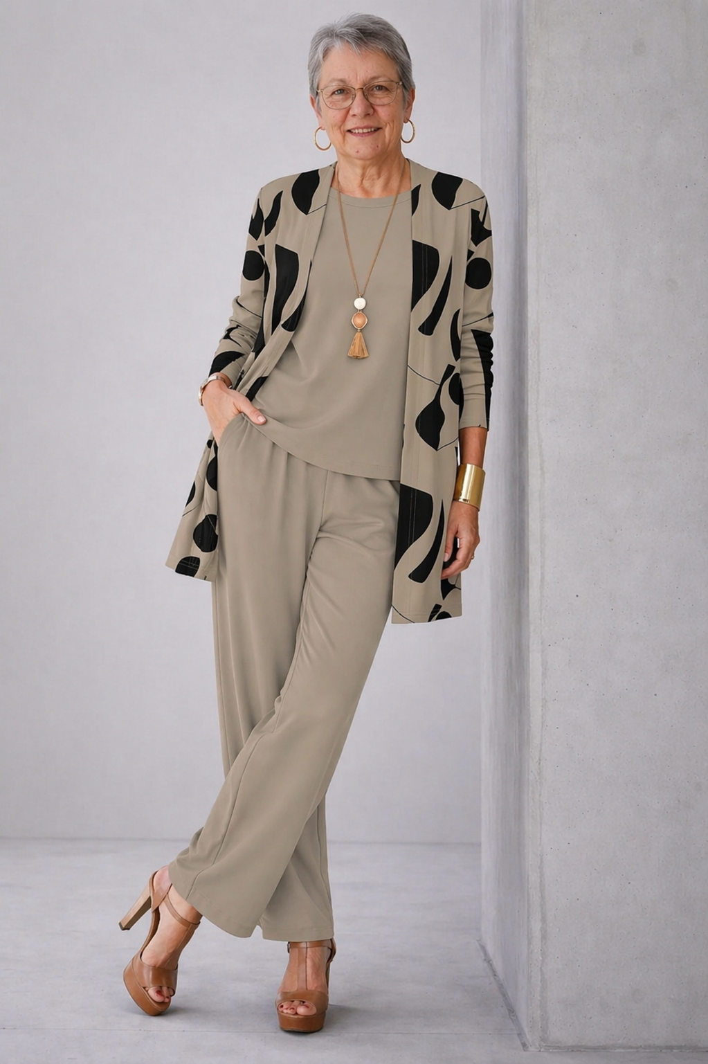 Doreen | Patterned Cardigan & Wide-Leg Pants Three-Piece Set
