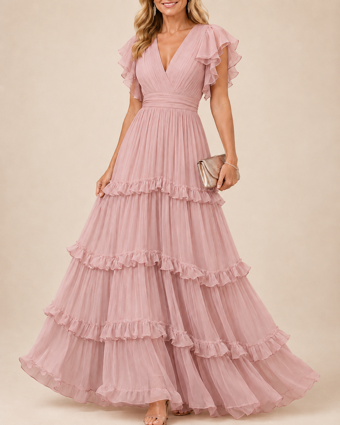 Rosalind | Blush V-Neck Tiered Ruffle Flutter-Sleeve Maxi Dress