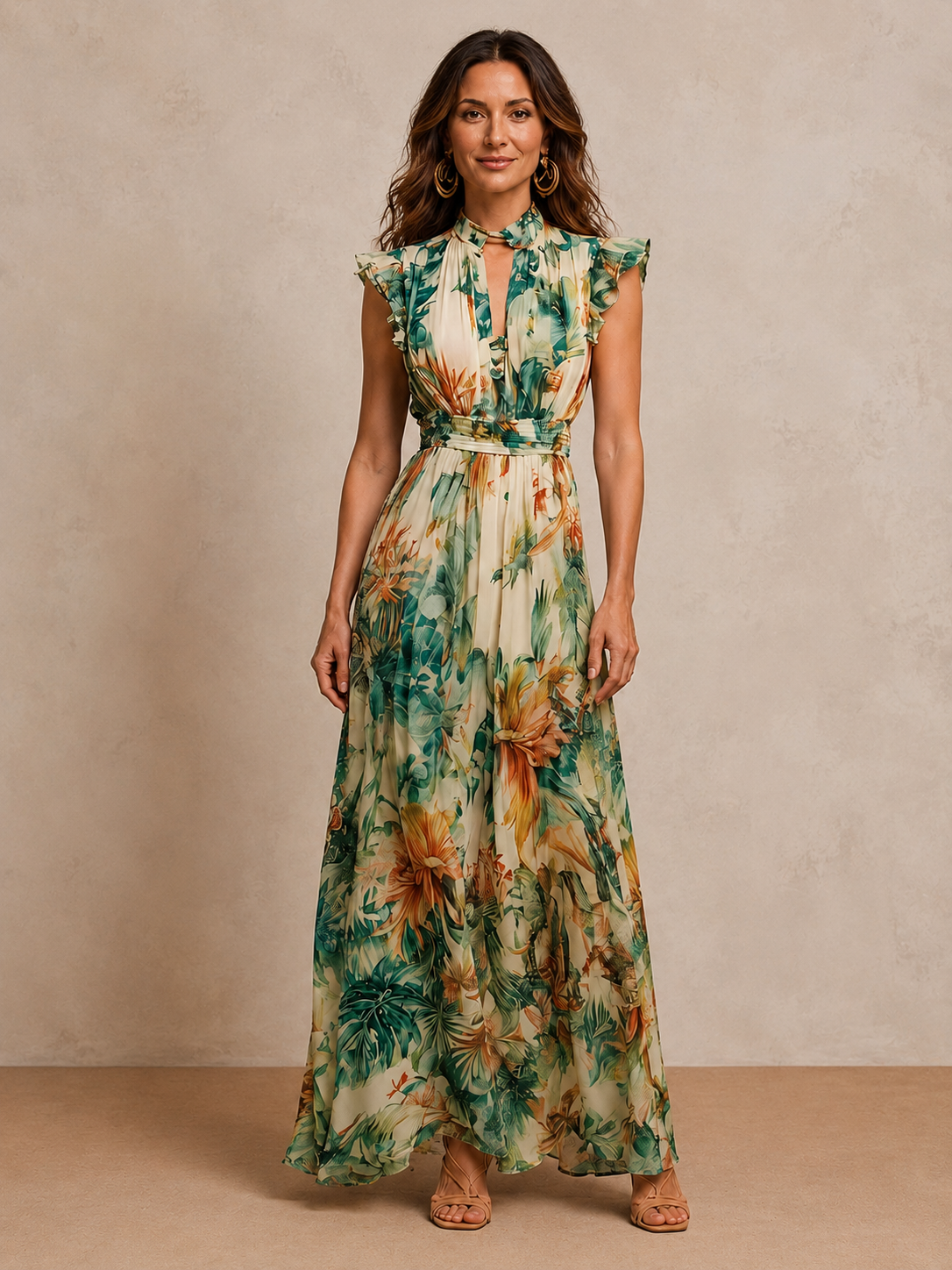 Grace | Tropical Botanical Mock-Neck Flutter-Sleeve Chiffon Maxi Dress