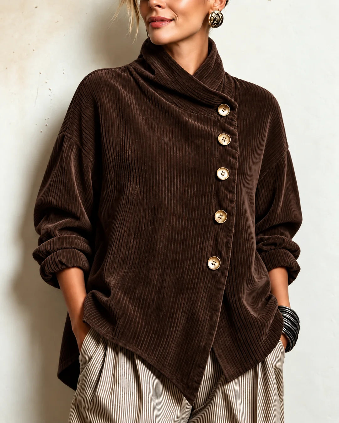 Ninah | Asymmetric Button Corduroy Turtleneck