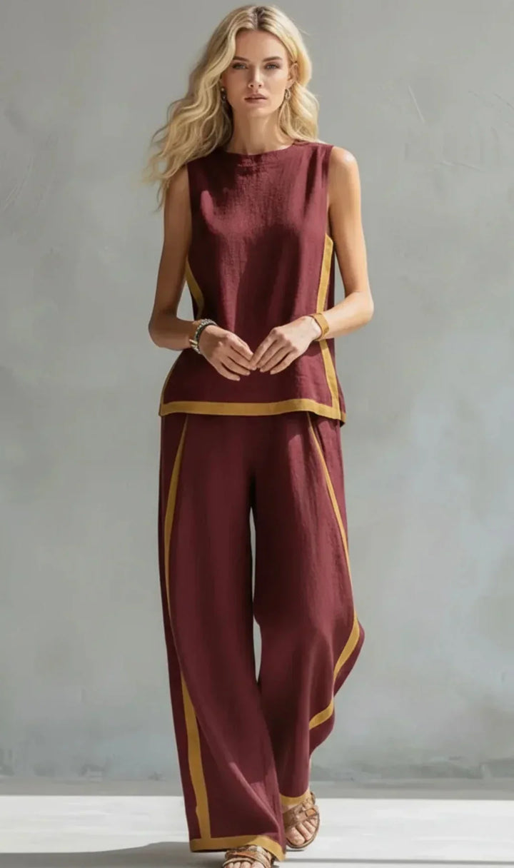 Ursula | Chic-casual vest and pants set with two-tone trim