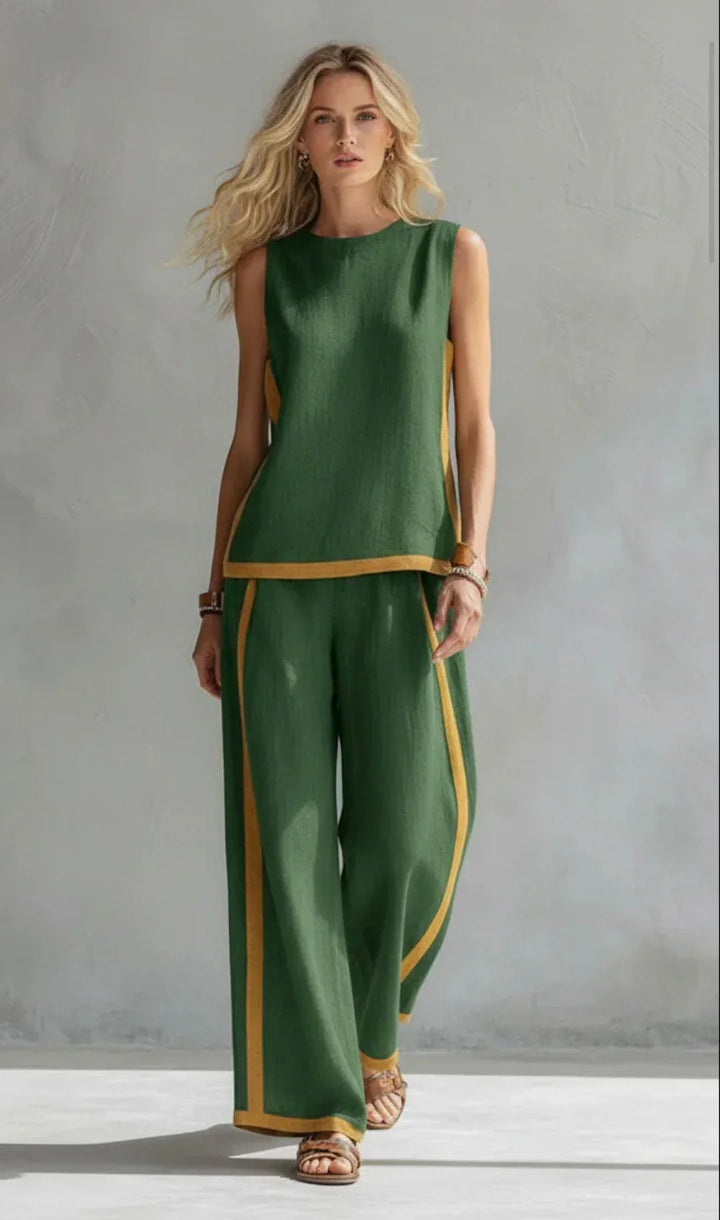 Ursula | Chic-casual vest and pants set with two-tone trim