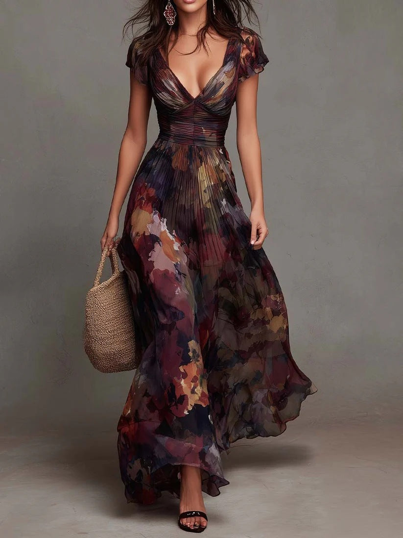 Milena | Abstract Floral Deep V-Neck Flutter-Sleeve Maxi Dress