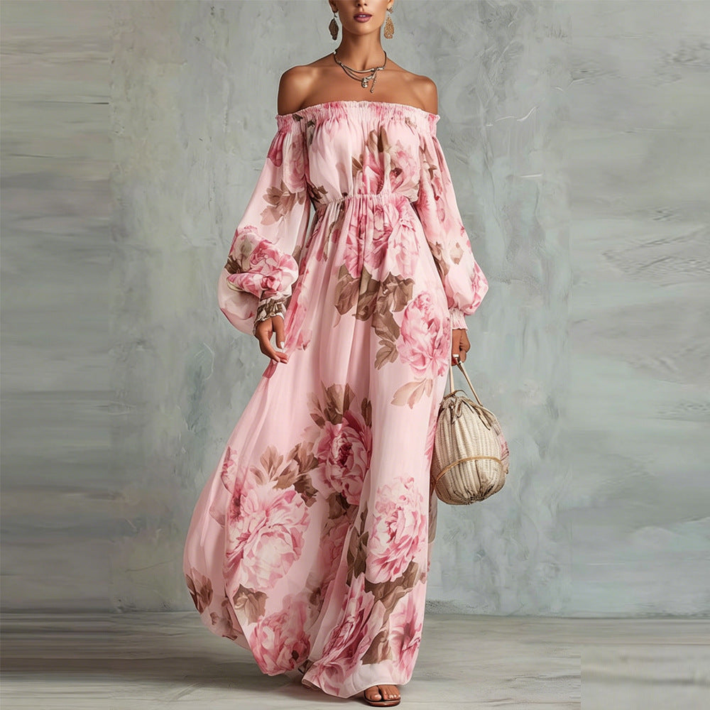 Payton | Peony Print Off-the-Shoulder Bishop-Sleeve Maxi Dress