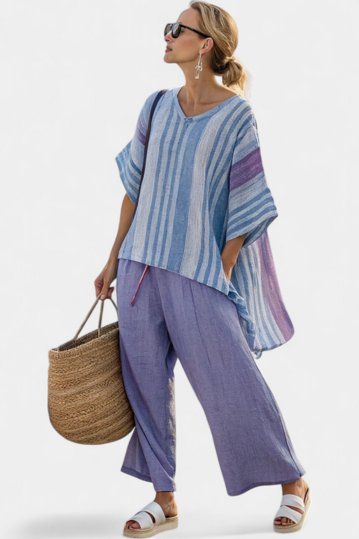 Carlotta | Top élégant lavande et bleu ciel avec pantalon en lin