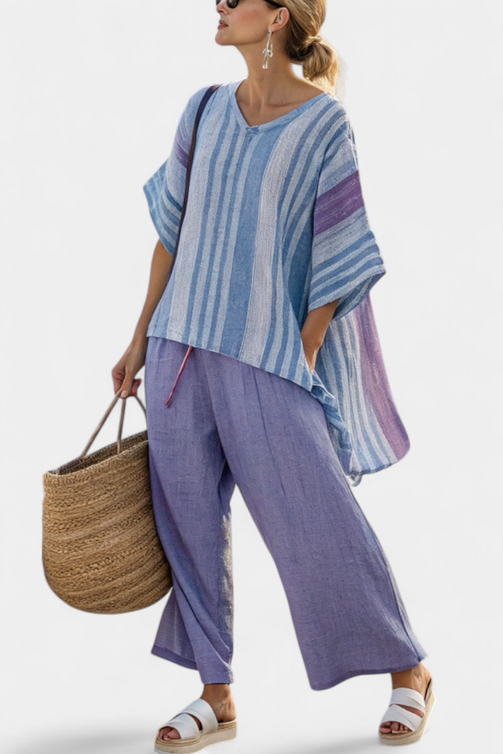Carlotta | Top élégant lavande et bleu ciel avec pantalon en lin