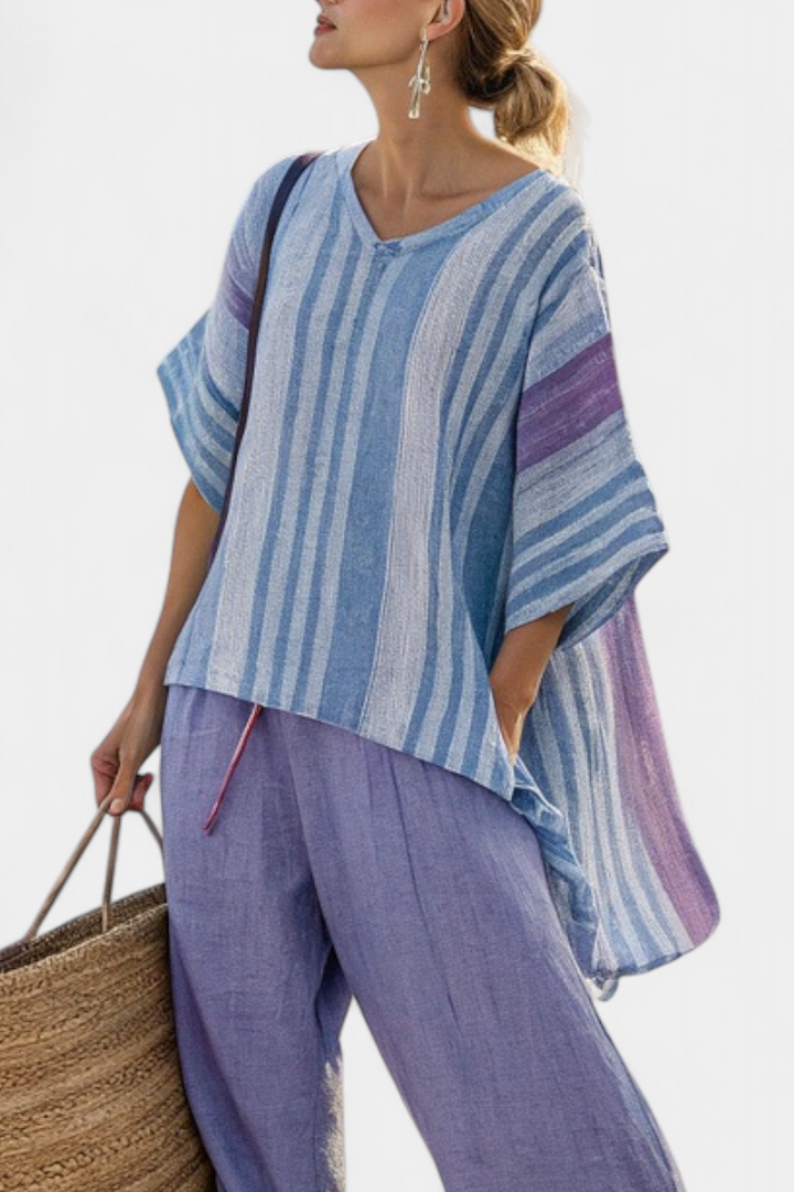 Carlotta | Top élégant lavande et bleu ciel avec pantalon en lin