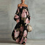 Payton | Peony Print Off-the-Shoulder Bishop-Sleeve Maxi Dress