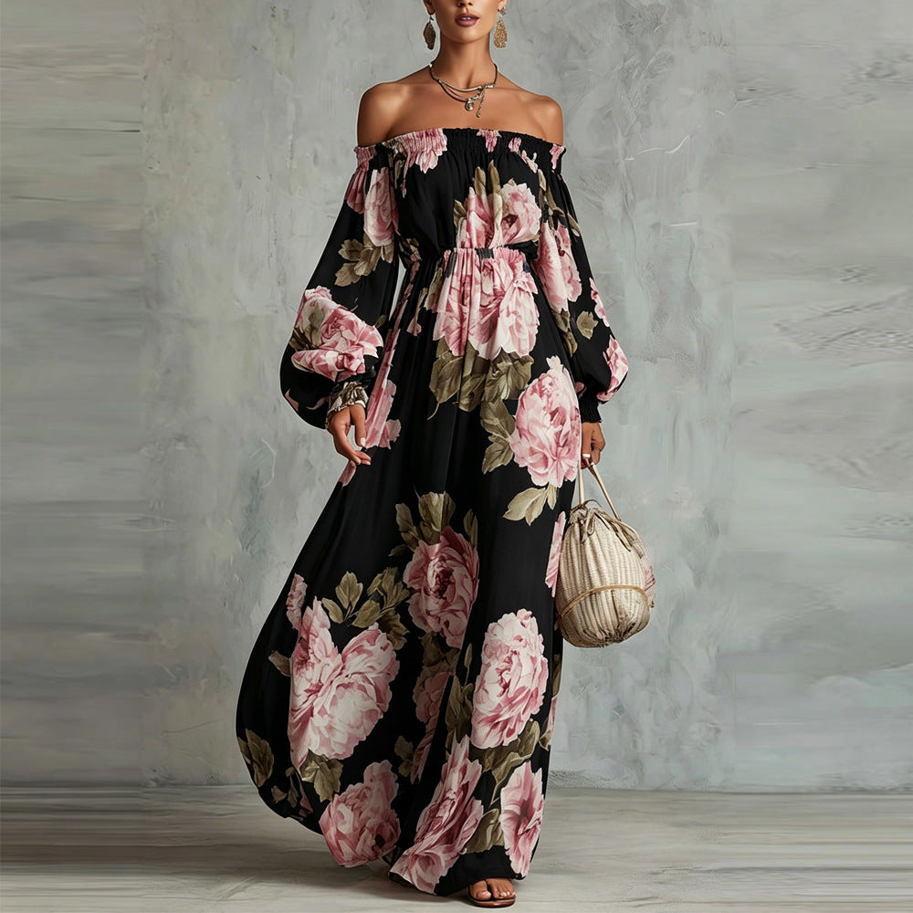 Payton | Peony Print Off-the-Shoulder Bishop-Sleeve Maxi Dress