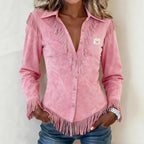 Cambrosa │ Suede Fringe Button-Up Blouse
